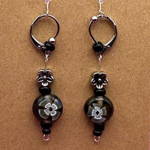 Floral Black Glass and Silver Earrings
